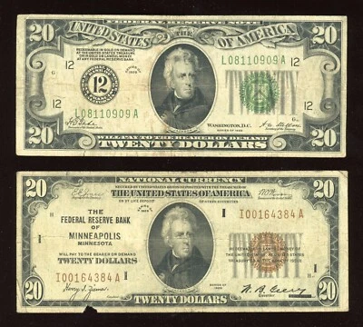 Set of 1928 $20 Notes $20 FEDERAL RESERVE Note and $20 REDEEMABLE IN GOLD Note - Image 1 of 2
