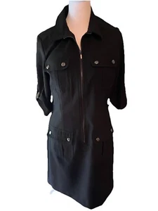 SHARAGANO Womens Zipper Front Black Dress Size 6 Safari shirt style belt loops - Picture 1 of 10