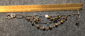 Vintage Tiger’s Eye Triple Strand Beaded Bracelet Silver Tone Chain 9” - Picture 1 of 4