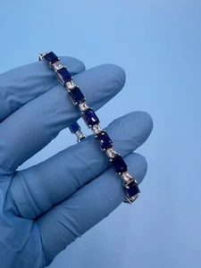 Real 10k White Gold CZ Blue Emerald & Princess Tennis Bracelet 7” 11.4 grams - Picture 1 of 16