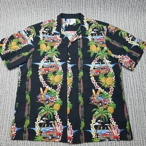 Vtg RJC Hawaiian Camp Shirt - XL Black - Woody Surfboard Palm Tree Pineapple USA - Picture 1 of 5
