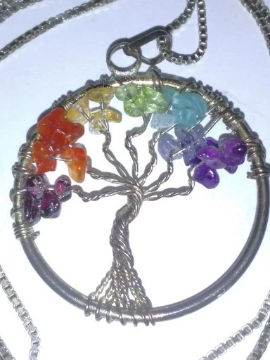 Tree of Life Pendant w/ Gemstone & Chain .925 Sterling Silver Necklace Rainbow  - Image 1 of 4