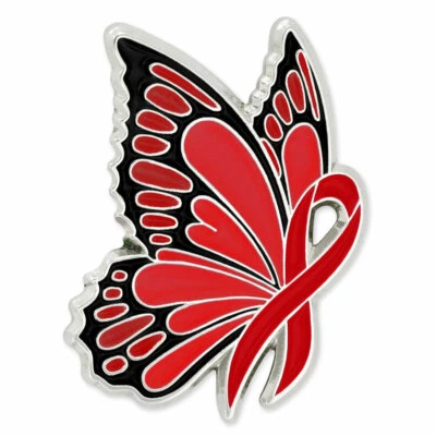 PinMart's Red Ribbon Butterfly Pin - Awareness Ribbon Enamel Pin - Image 1 of 3