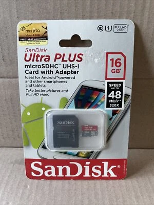 SanDisk 16GB Ultra Micro SDHC Memory Card With Adapter New Factory Sealed - Image 1 of 2