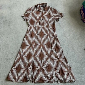 M&S Fit and Flare Short Sleeve Collared Dress Geometric Print Brown Cream Uk 14 - Picture 1 of 11