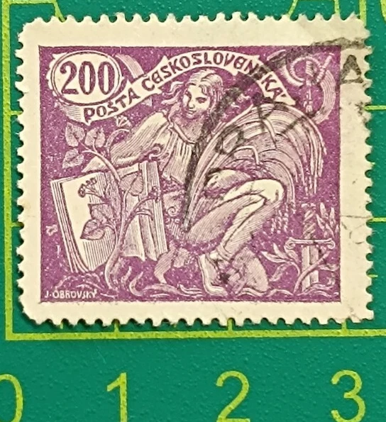 Sellos de Checoslovaquia 1920, Sc A8, #77,200h violeta, agricultura y ciencia, usados Foto 1 de 4