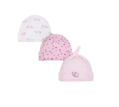 Wonder Nation Baby Girl 3-Pack Light Pink Lamb/Hearts Caps Size 0-6M - Image 1 of 3
