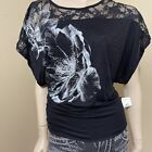 Women’s Black Polyester Casual Stretch Painted Beaded Lace Size S Blouse Top