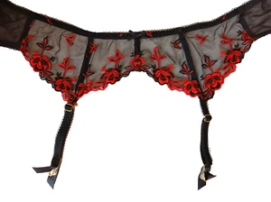 Ann Summers Black/Red Floral Embroidered Mesh Suspender Belt UK 10-12 - Picture 1 of 4