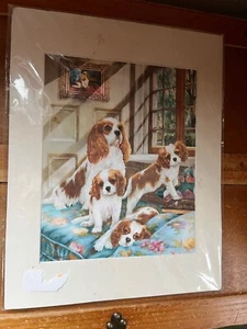 Cavaliers by Margaret Sweeney Mom Dog & Pups on Floral Couch Detailed Print in - Picture 1 of 11