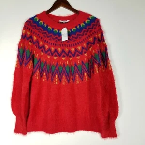 TIME AND TRU Womens Sweater Size S 4 6 Red Fuzzy Vintage Style Chevron Striped - Picture 1 of 5