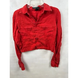 Lauren Ralph Lauren Women's Red Linen Long Sleeve Button Down Crop Top Size S - Picture 1 of 7