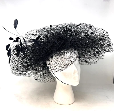 Vintage Marzi Firenze Black Felt Hat with Veil, Dotted Netting & Feathers - Image 1 of 4