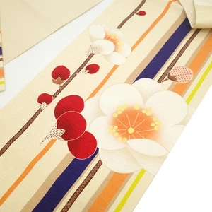 Fukuro Obi - beige gefärbte Seide mit Pflaumenblüten & Streifen - Shitate-Agari - Neu - Bild 1 von 10