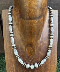 Collar de plata de ley con pepitas de turquesa búfalo blanco con cuentas de perlas. 18 pulgadas - Imagen 1 de 12