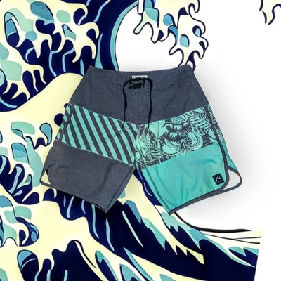 RUSTY Board Shorts Men's 33" Waist Swim Trunks BEACH Unlined Aqua Gray TROPICAL - Image 1 of 4