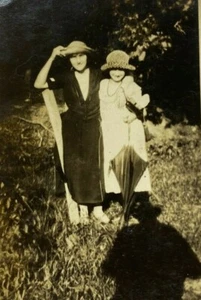 Two Women In Hats With Umbrella Shadow B&W Photograph 2.75 x 4.5 - Picture 1 of 3