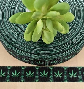 7/8" (1 YD) Cannabis Grosgrain RIbbon Hemp Green Leaf Marijuana Lanyard Ribbon - Picture 1 of 1
