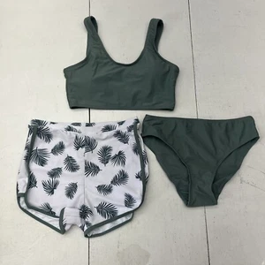 SHEIN Green White Palm Leaf Print Swimsuit 3-Piece Set Girls Teen Size 10-11Y - Picture 1 of 10