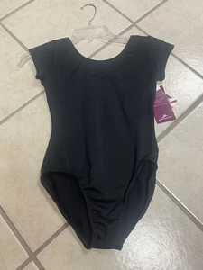 Adult XS Black Dri Fit Short Sleeve Dance Gymnastics Leotard Bodysuit NWT - Picture 1 of 2