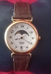 Pulsar Quartz Moon Phase V894-0030 Ladys Brown Leather Wristwatch- Working - Picture 1 of 7