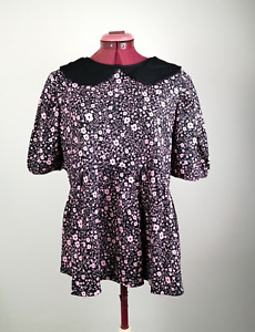 V By Very Short Sleeve Fit & Flare Tunic Top Black Pink Floral Size 14 UK New