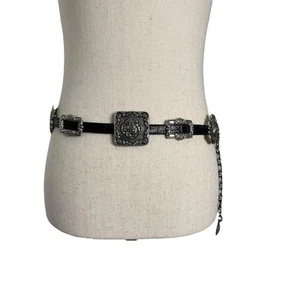 Vintage 1993 Brighton Silver Cameo Concho Medallion Black Leather Belt Medium - Picture 1 of 7