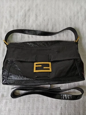 Fendi Black Waxed Leather Baguette Gold Hardware Shoulder Crossbody Bag Used - Image 1 of 4