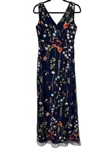 Leslie Fay Dress Size 6 Blue Floral Embroidered Maxi Dark Feminine Whimsigoth - Picture 1 of 14