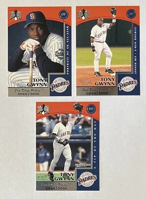 Lote de 3 tarjetas Tony Gwynn 1999 Pacific Hit Machine 3000 #7 - #14 - #18 todas/3000 Foto 1 de 2