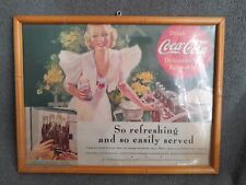 Vintage 1930s Framed Coca Cola Print Ad Original Large Cute Girl Smile Pink 