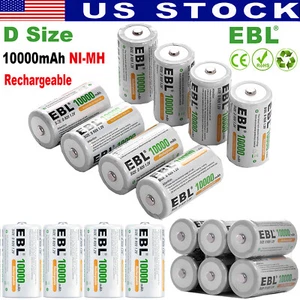 EBL D Cell Size NIMH Rechargeable Batteries 1.2V Battery + Case Box Lot - Picture 1 of 38