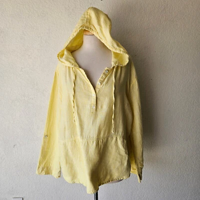 Pullover Tahari 100 % lino amarillo mantequilla claro verano chaqueta preppy con capucha XL Foto 1 de 4