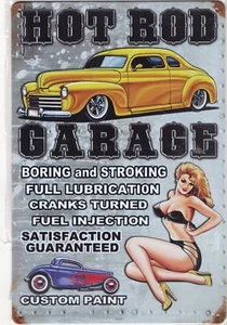 METAL SIGN  "HOT ROD GARAGE" Custom Car/Sexy Gal - Indoor/Outdoor - Size 8"x12" - Picture 1 of 2
