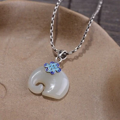 K05 Rimorchio Elefante Di Bianca Giada Unendlicher Noti Argento Sterling 925 - Immagine 1 di 4