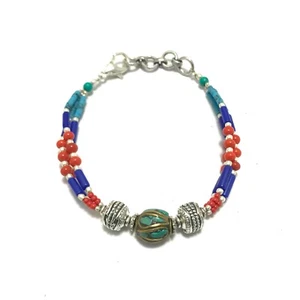 Lapis, Coral gemstone tibeten 925 silver adjustable bracelet jewelry 7.2 inch - Picture 1 of 4