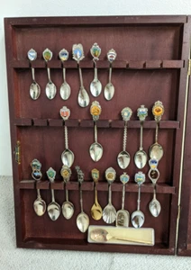 Collectable Teaspoons Cabinet With 21 Spoons Collection Wooden Wall Mounted Case - Picture 1 of 10