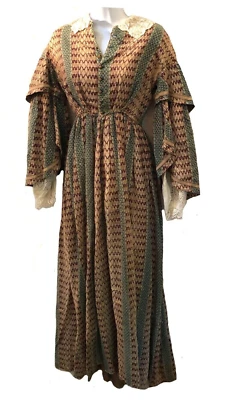 Antiguo Vestido Victoriano Calicó Hecho a Mano Siglo XIX Manga Larga Algodón con Encaje Foto 1 de 4