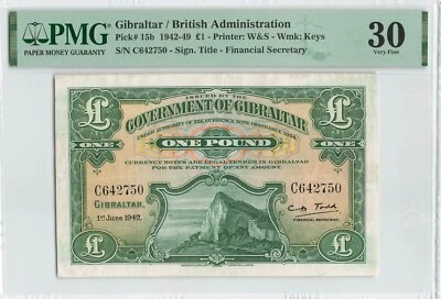 GIBRALTAR 1 Pound 1942, P-15b, Waterlow & Sons Print Better Date, PMG 30, VF - Image 1 of 2