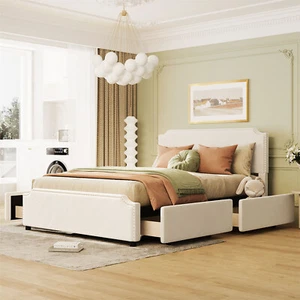 Queen Size Bed Frame Upholstered Platform Bed w/ Headboard & 4 Drawers Beige New - Picture 1 of 13