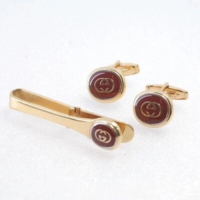 古驰联锁 G 领带夹袖扣套装红色金色金属珐琅 G 双徽章 — 第 1/4 张图片