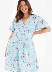 Quiz Curve Mint Floral V Neck Short Sleeve Liverpool Skater Dress UK 22 - Picture 1 of 4