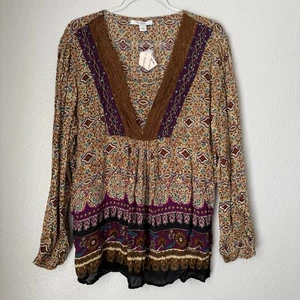 Dressbarn Brown multicolor pleated Lace Top Tunic Large BOHO Hippie Festival NEW - Picture 1 of 15