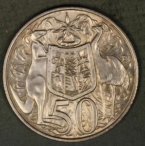 Australia 1966 ~ 50 centavos de plata ~ canguro y emú ~ Isabel II - Imagen 1 de 2
