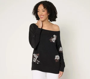 BEAUTIFUL by Lawrence Zarian Floral Off-Shoulder Pullover Black Small - Picture 1 of 2