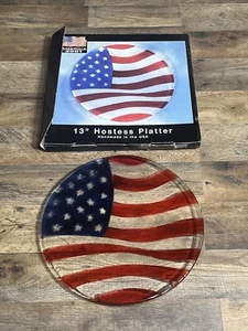 America 2001 13” Glass Hostess Platter Flag Patiotic Made in USA - Picture 1 of 7