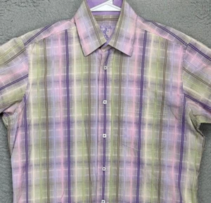 Bugatchi Shirt Adult Medium Multi Plaid 100% Cotton Button Up Short Sleeve Mens - Picture 1 of 9
