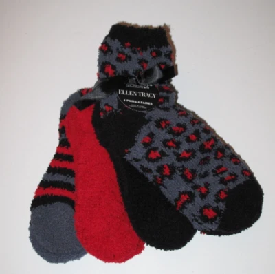 Ellen Tracy 4 Pr Women's Warm Fuzzy Chenille Slipper Socks Black Gray Red - Image 1 of 2