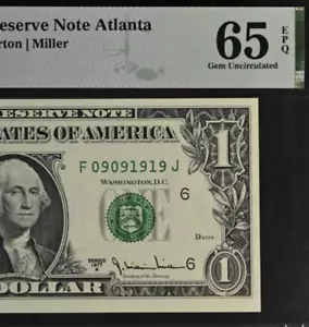 1977A $1 Federal Reserve Note PMG 65EPQ Gem Fancy Serial Number 09091919 - Picture 1 of 3