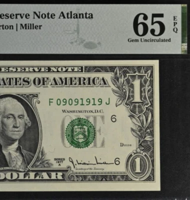 1977A $1 Federal Reserve Note PMG 65EPQ Gem Fancy Serial Number 09091919 - Image 1 of 3